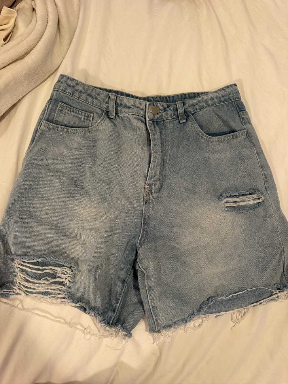 High-Waist Distressed Denim Shorts - Light Blue